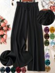 Plus Size Solid Straight Leg Pants Elegant Slim Drawstring Elastic Waist Pants For Spring & Summer Women's Plus Size Clothing