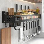 1PC Kitchen Wall-mounted Spice Storage Rack With Hooks Hanging Tableware & Utensils Holder Household Space Saving Storage Organi
