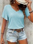 V-neck Flutter Sleeve Simple T-Shirt Elegant Solid Color T-Shirt For Spring & Summer Women's Clothing