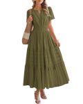 Btfbm Womens Summer 2026 Casual Midi Maxi Dresses Lightweight Short Sleeve V Neck Elastic Waist Boho Beach Dress Pockets Army Gr
