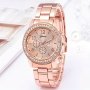 Elegant Geneva-inspired Women's Watch With Rhinestone Accents Quartz Movement And Golden Steel Band - Chic Rose Golden