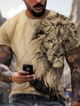 Lion Graphic 3D Printing Men's Creative Top Casual Slightly Stretch Short Sleeve Crew Neck T-Shirt Men's Tee For Summer Outdoor