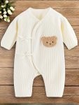 Newborn Baby's Breathable Comfy Cotton Bodysuit Cute Bear Patched Casual Long Sleeve Onesie Toddler & Infant Girl's Clothing