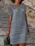 Solid Lace Splicing Dress Elegant Short Sleeve Simple Dress For Spring & Fall Women's Clothing