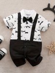 Baby Boys Gentleman Style Romper With Bow Tie Short Sleeve Pure Cotton Onesie Cute Moustache Pattern Bodysuit