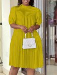 Pleated Knotted Dress Casual Short Sleeve Crew Neck Solid Dress Women's Clothing