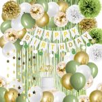 Iysoll Sage Green Birthday Party Decorations Olive Green And Gold Balloons Greenery Neutral D Cor White Happy Birthday Banner Sa