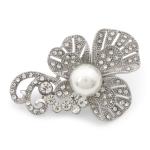Silver Textured Clover Pearl Brooch