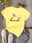 Bee Kind Print T-Shirt Casual Crew Neck Short Sleeve Top For Spring & Summer Women's Clothing