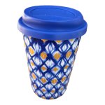 Ceramic Travel Mug - Gold Accent Blue Checker Pattern