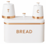 3-PIECE White & Rose Gold Bread Bin And Canister Set - Tea Coffee & Bread