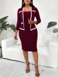 Contrast Trim Splicing Bag Hip Dress Elegant 3/4 Sleeve 2 In 1 Dress For Spring & Fall Women's Clothing