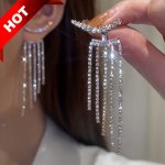 Silvery Chain Tassel With Sparkling Zirconia Inlaid Dangle Earrings Elegant Luxury Style Copper Silver Plated Jewelry Banquet Ea