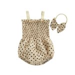 Elegant Beige Romper With Black Suede Flower And Matching Headband