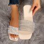 Women's Rhinestone Decor Slide Sandals Causal Square Open Toe Flat Summer Shoes Lightweight Slide Sandals