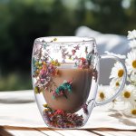 1PC 350ML Real Flower Double Layer Glass Cup With Handle High-value Creative Glass Cup Suitable For Home Outdoor And Travel Coff