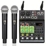 Professional Audio Mixer: Wireless Dual Microphone USB Rec Dj Console With The GT4 4-CHANNEL Mixer Built-in-receiver For Karaoke
