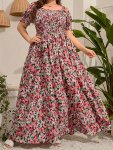 Plus Size Floral Print Shirred Dress Elegant Short Sleeve Maxi Dress For Spring & Summer Women's Plus Size Clothing