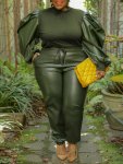 Plus Size Contrast Layer Solid Puff Sleeve Tops & Sweatpants Set Women's Plus Medium Stretch 2PCS Set Outfits