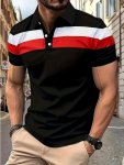 Casual Men's Color Block Short Sleeve Comfy Lapel Shirt For Golf Sports Summer Men's Clothing