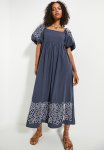 Edit Square Neck Puff Sleeve Fit & Flare Dress - Navy