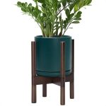 D'vine Dev Ceramic Planter With Walnut Color Stand - 8 Inch Modern Round Flower Pot With Wood Planter Holder Teal 55-B-Y-4