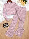 Girl's Causal Ribbed Outfit 2PC Long Sleeve Top & Flare Pants Set Kid's Solid Color Clothes For Spring Fall