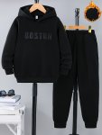 Boy's 2-PIECE Casual Co Ord Set Boston Letter Embossed Versatile Long Sleeve Hoodie And Jogger Pants Comfy Spring Fall Clothes