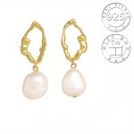 925 Sterling Silver Irregular Hoop Earrings With Freshwater Pearl Dangle Textured Foil Pleat Ear Ornaments Gifts For Women
