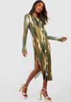 Printed Plisse Midi Shirt Dress - Khaki