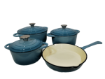 Smte Pot Set 7 Piece Cast Iron Grooved Lid Turquoise With Keychain