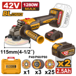 Ingco 42V Ps+ C l B l A grinder 1280W 115MM + Ass Kit