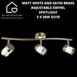 Matt White And Satin Brass Adjustable Swivel Spotlight - 3 X 50W GU10
