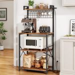 Bakers Rack With Power Outlet Kitchen Shelves Microwave Stand With Wire Grid And 10 Hooks 4 Tiers Coffee Stand Rustic Brown 23.5