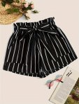 Striped Print Lace Up Shorts Elegant Paper Bag Waist Shorts For Spring & Summer Women's Clothing