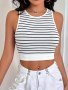 Stripe Print Crop Knit Tank Top Casual Sleeveless Tank Top For Summer Women's Clothing