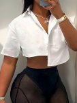 Solid Color Asymmetrical Crop Shirt Casual Short Sleeve Pocket Shirt For Spring & Summer Women's Clothing