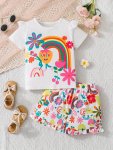 2-PIECE Girl's Sunny Rainbow Graphic Tee + Floral Shorts Set Casual Going Out Girls Summer Clothes
