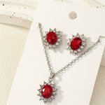 1 Pair Of Earrings + 1 Necklace Chic Jewelry Set Trendy Sunflower Design Inlaid Gemstone In Scarlet Match Daily Outfits Party De