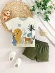 2PCS Toddler's Jungle Animals Print Summer Set T-Shirt & Casual Shorts Baby Boy's Clothes