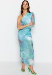 Patterned Draped Maxi Tulle Pencil Dress - Blue