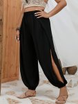 Plus Size Solid Color Split Thigh Pants Casual Elastic Waist Pants For Summer Women's Plus Size Clothing