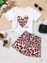 2PCS Girls Purple Leopard Heart Print Short Sleeve Top + Leopard Shorts Set Casual Style Vacation Summer Outfit