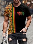 Men's African Ethnic Style Geometric Graphic And State Map Pattern Crew Neck And Short Sleeve T-Shirt Stylish And Casual Tops Fo