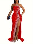 Rhinestone Decor One-shoulder Dress Elegant Sleeveless Floor Length Dress Women's Clothing