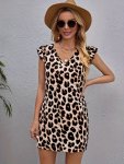 Leopard Print V-neck Dress Sexy Flutter Sleeve Dress For Spring & Summer Women's Clothing