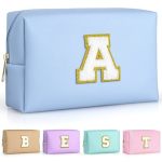 Topeast Birthday Gifts For Women Personalized Initial Makeup Pouch Leather Waterproof Cosmetic Bag Birthday Gifts For Women Sky