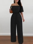 Off Shoulder Wide Leg Jumpsuit Casual Short Sleeve Jumpsuit For Spring & Summer Women's Clothing