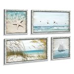 Coastal Framed Wooden Wall Art: Beach Art Ocean Prints Set Of 4 Starfish Pictures Seascape Artwork For Living Room Overall 48"W