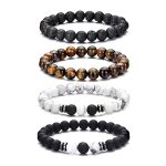 Rankeef Tiger Eye Bracelet For Men 8MM Natural Stone Beads Bracelet Set Stretch Lava Rock Bracelets Adjustable Black Crystal Bea